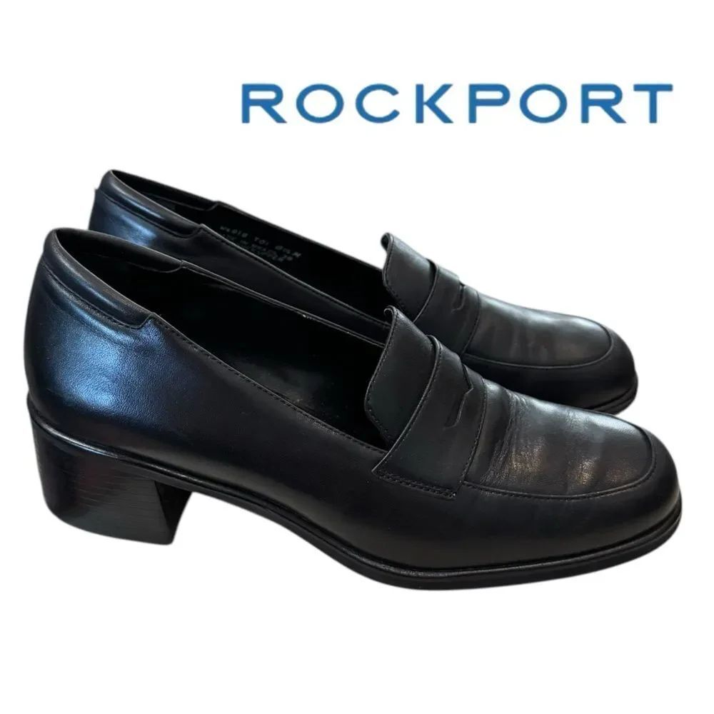 Rockport Women's Black Leather Slip-on Heeled Penny Loafers 8.5